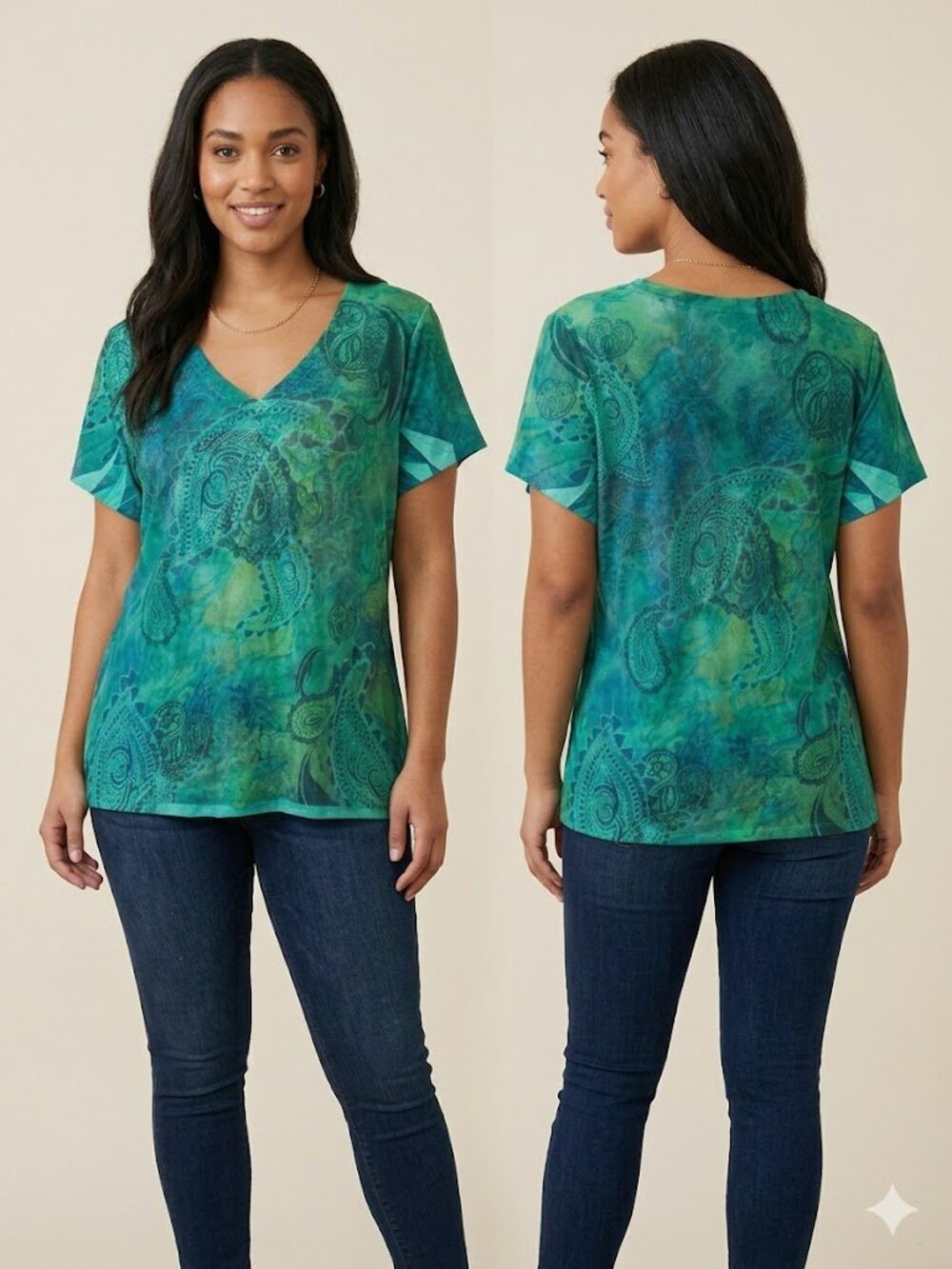 Appropriate Behavior Teal Green Paisley V-Neck Blouse Top Sz XL Short Sleeve
